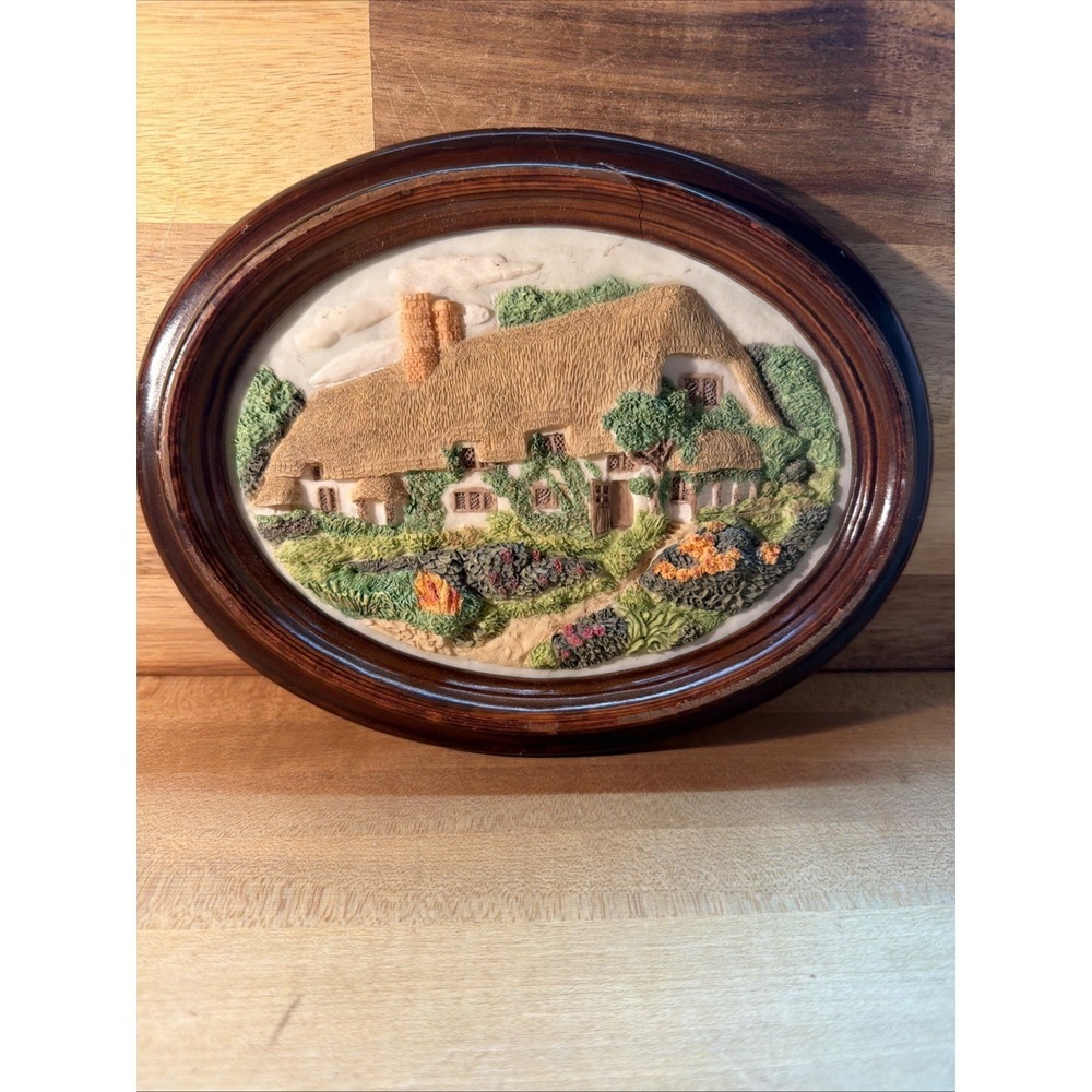 Vintage 3D Oval Plaster Wall Hanging Thatched Roof English
